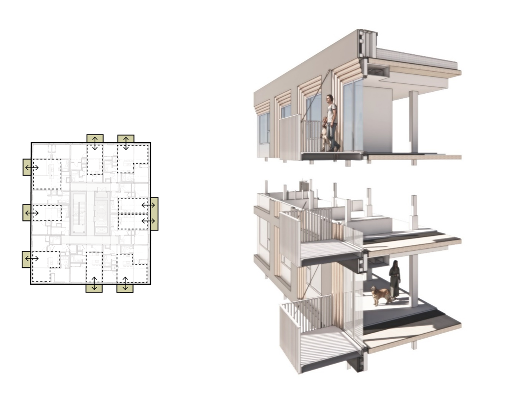 Diagram showing a floor plan and renderings of what parts of the building exterior will look like when completed.
