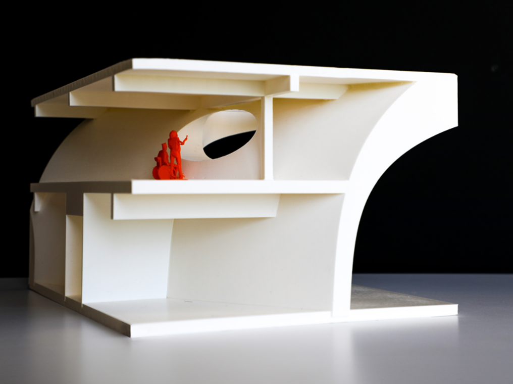 A model of the Joseph Chung Centre showing the curvature of the front facade.